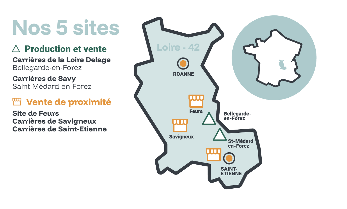 Carte des 5 sites Carrières de la Loire dans le département de la Loire